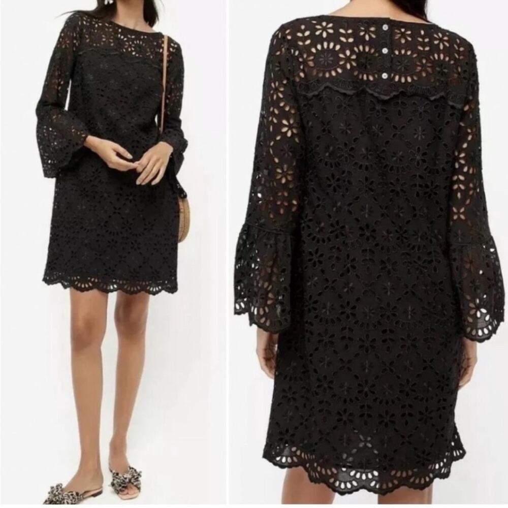 NEW J. Crew Bell-Sleeve Dress in Embroidered Eyelet in Black - Size 4